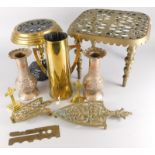 A quantity of metalware, to include a Trench Art two handled vase, a pair of silver plated Far