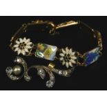 Various items of costume jewellery, to include a gold plated and enamel floral bracelet, and a paste