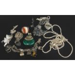 A quantity of silver and other costume jewellery, to include silver bracelets, agate set ring, stone