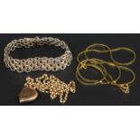 A quantity of jewellery, to include a silver gate bracelet, a 9ct gold articulated necklace, and a