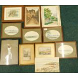 Various watercolours etc., to include a set of oval examples, etching signed J.D Carey etc