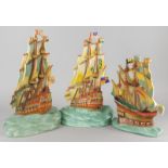 Three similar Art Deco Czechoslovakian pottery ornaments, each modelled in the form of a galleon,