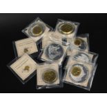 Various commemorative British nickel silver coins, faux miniature gold coins etc