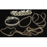 A quantity of silver and other jewellery, to include a silver box link chain bracelet, articulated