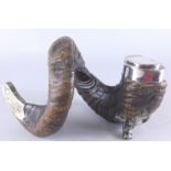 A 19thC Scottish snuff mull, formed from a ram's horn, mounted with a silver plated cartouche and