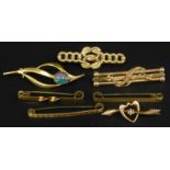 A quantity of bar brooches, to include two 9ct gold floral bar brooches and four gold plated bar