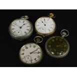 Four pocket watches, to include a military issue brass example, another stamped C.S.T.P, a Waltham