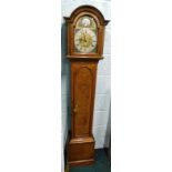 A 20thC walnut and burr walnut grandmother clock, the arched brass dial signed Tempus Fugit, with