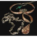 A quantity of silver costume jewellery, to include floral fobs, malachite set necklace, shell scroll