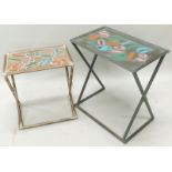 Two similar retro style metal occasional tables, each cast with numbers painted in pastel colours
