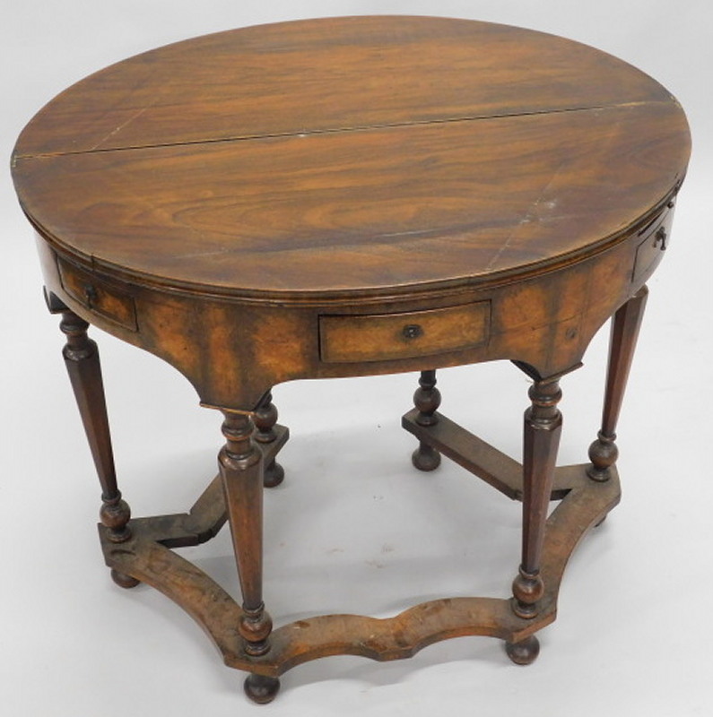 A 20thC walnut tea table in early 18thC style, the demi-lune cross and feather banded top hinged - Image 2 of 2