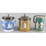 Three items of 19thC Jasperware, to include a caneware biscuit barrel with silver plated lid,