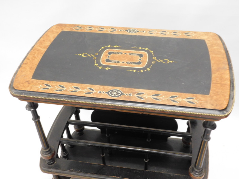 A late Victorian ebonised and amboyna Canterbury whatnot, the rectangular top with moulded edge, - Image 2 of 2