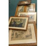 Miscellaneous Victorian and later prints, to include over print of a lady and a dog in ornate oak