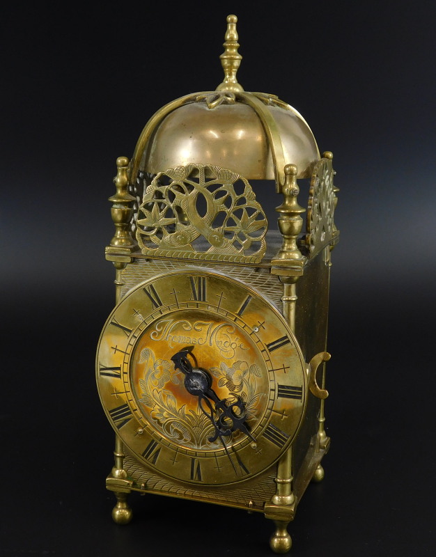 After Thomas Mudge. A brass lantern clock, the movement with escapement etc., 26cm high