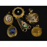 Six Victorian style pendants/brooches, to include a portrait brooch, an enamel locket, a portrait