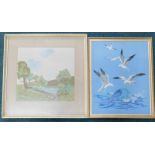 Two similar 20thC embroidered pictures, one depicting a landscape, the other seagulls, a Venetian