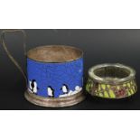 Two items of enamel, a Russian lommet salt decorated with berries and leaves, a cup holder with