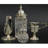 A collection of small silver and silver mounted items, to include an hour glass (AF) two handled