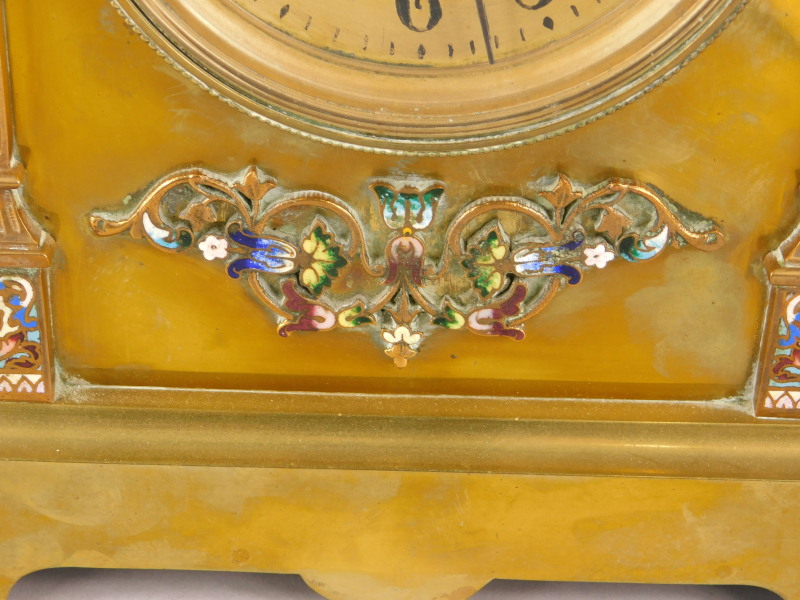A late 19thC French brass and champleve enamel mantel clock, the arched case applied with foliate - Image 3 of 4