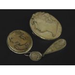 Three Grand Tour type cameo jewellery items, to include a brooch with lady's head, 4.5cm high,