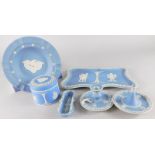 Various items of Wedgwood Jasperware, to include a pair of chambersticks, a shaped tray etc.