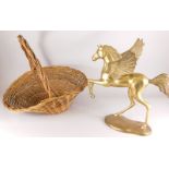 A cast brass figure of Pegasus, and a basket (2)