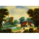 19thC School. Church, cottages and figure beside a river, oil on glass, 40cm x 54cm, in maple frame