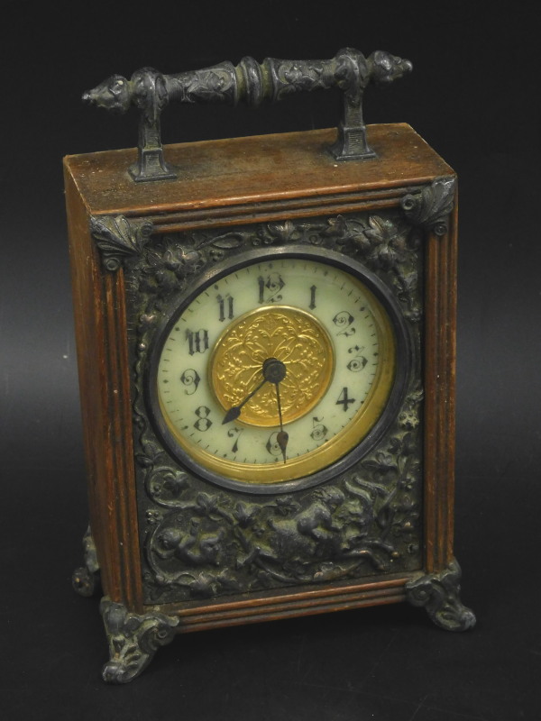 A late 19th/early 20thC French carriage type clock in mahogany case, embellished in silver plated