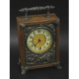 A late 19th/early 20thC French carriage type clock in mahogany case, embellished in silver plated