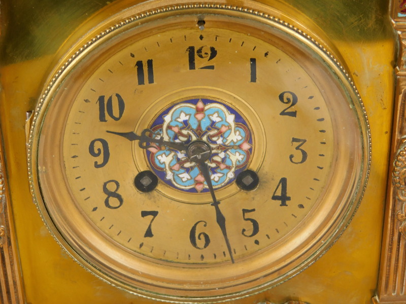 A late 19thC French brass and champleve enamel mantel clock, the arched case applied with foliate - Image 2 of 4