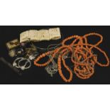 A quantity of jewellery, to include coral necklace, plastic bangle, silver bracelet, silver money