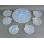 A French Art Deco opalescent glass bowl and six wine tasters, decorated in the Arcs et Baies