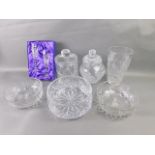 A pair of Edinburgh crystal cut glass champagne flutes, boxed, two cut glass biscuit barrels and