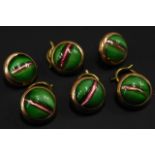 Six gilt metal stone set collar studs, set with green and pink paste stones.