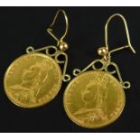 A pair of Victorian half gold sovereign earrings, with yellow metal drop mounts, coins dated 1892,