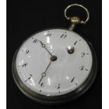 A 19thC French pocket watch, the enamel dial with Roman numerals in white metal case, unmarked