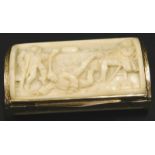 A late 18th/early 19thC ivory and yellow metal box, the hinged lid carved with a scene after William