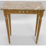 A 20thC gilt side table, with fossilized marble top, the frieze inset with three Limoges style