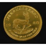 WITHDRAWN PRE SALE BY VENDOR. A South African ¼ gold Krugerrand, dated 1980.