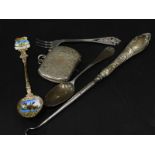 A collection of small silver etc., to include an engraved vesta case, a mid 18thC spoon etc.