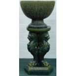 A monumental 19thC French turquoise and green glazed jardiniere and stand, by Clement Massier, the