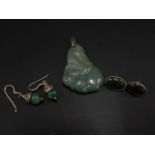 Various green jade jewellery, to include a pendant, with silver mount, 4cm high, a pair of oval stud