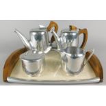 A Piquot ware enamel four piece tea set, with matching tray
