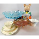 A collection of pottery and glass, to include a Royal Stanley fruit decorated biscuit barrel,