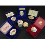 Seven Bilston and Battersea enamel boxes, in original boxes and packaging