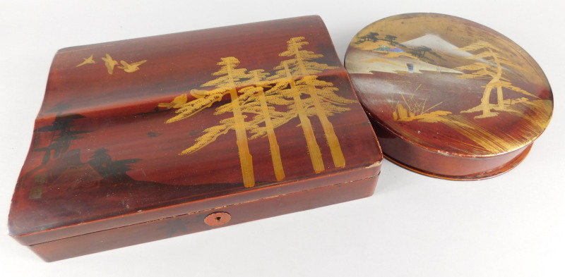 Two oriental lacquer items, a box decorated with trees, birds etc. and a circular box decorated with