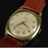 An Avia gentleman's wristwatch, with silvered circular watch head, on a tan leather strap, in a