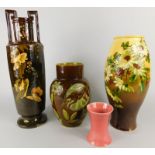 A collection of pottery, to include a Lear vase, with aesthetic style decoration of a dog, flowers