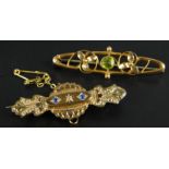 Two bar brooches, to include a Victorian 9ct gold bar brooch, set with sapphire and diamond, with